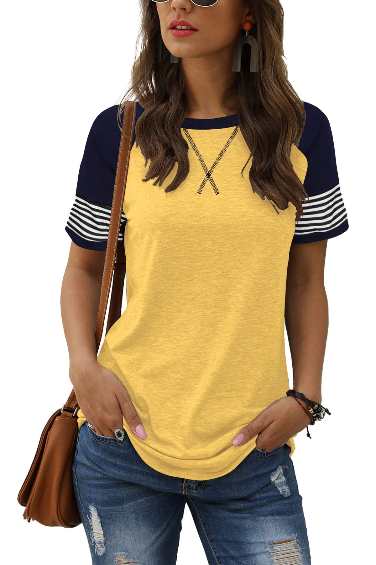 Women Summer Casual Shirts: Short Sleeve Striped Tunic Tops - Womens Crew Neck Tee Tshirt Blouses