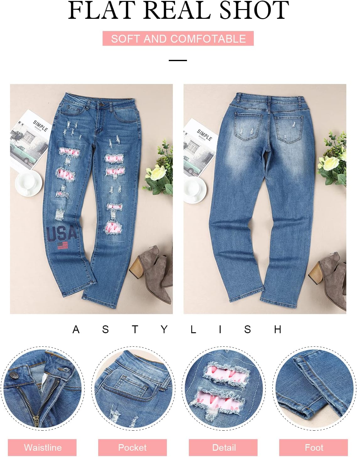 Astylish Womens Plaid Patch Ripped Boyfriend Distressed Stretch Skinny Denim Jeans with Hole