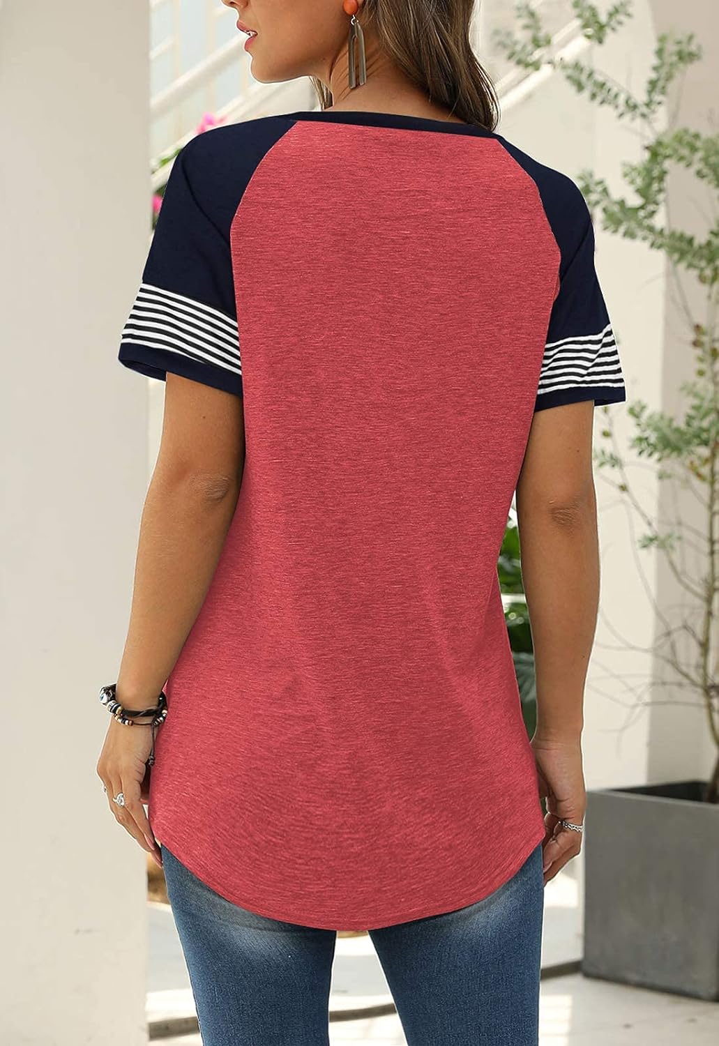 Women Summer Casual Shirts: Short Sleeve Striped Tunic Tops - Womens Crew Neck Tee Tshirt Blouses