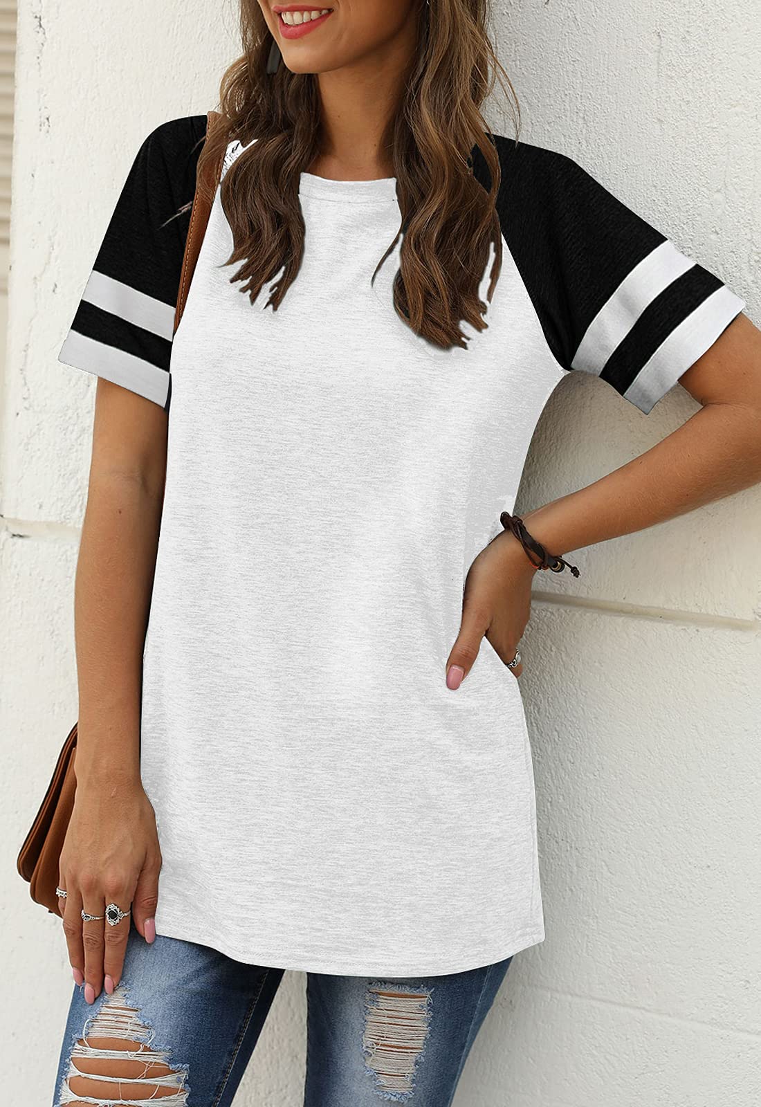 Women Summer Casual Shirts: Short Sleeve Striped Tunic Tops - Womens Crew Neck Tee Tshirt Blouses