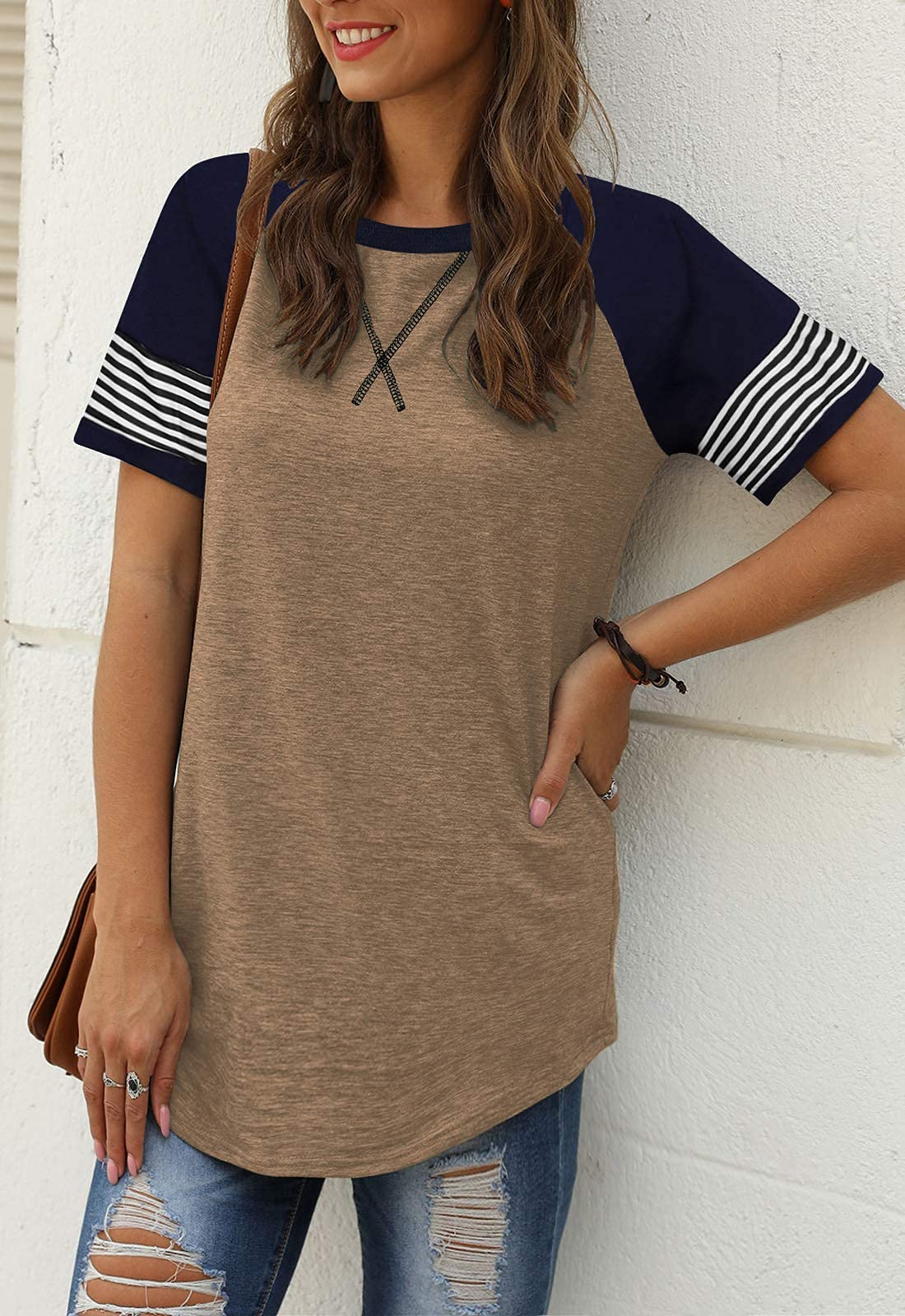 Women Summer Casual Shirts: Short Sleeve Striped Tunic Tops - Womens Crew Neck Tee Tshirt Blouses