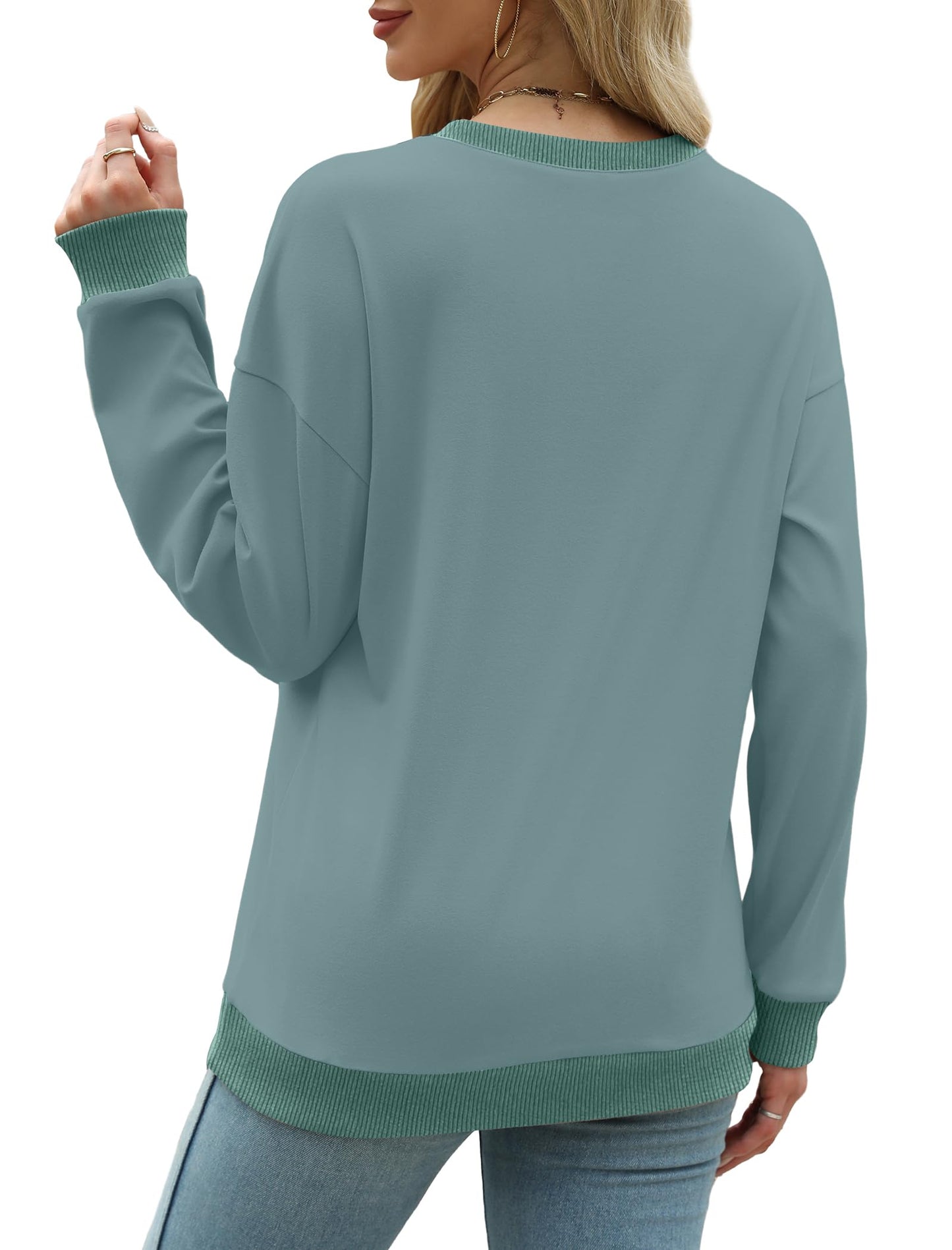 Sweatshirts for Women Crewneck Long Sleeve Loose Fit Tops Color Block Ribbed Trim Fashion