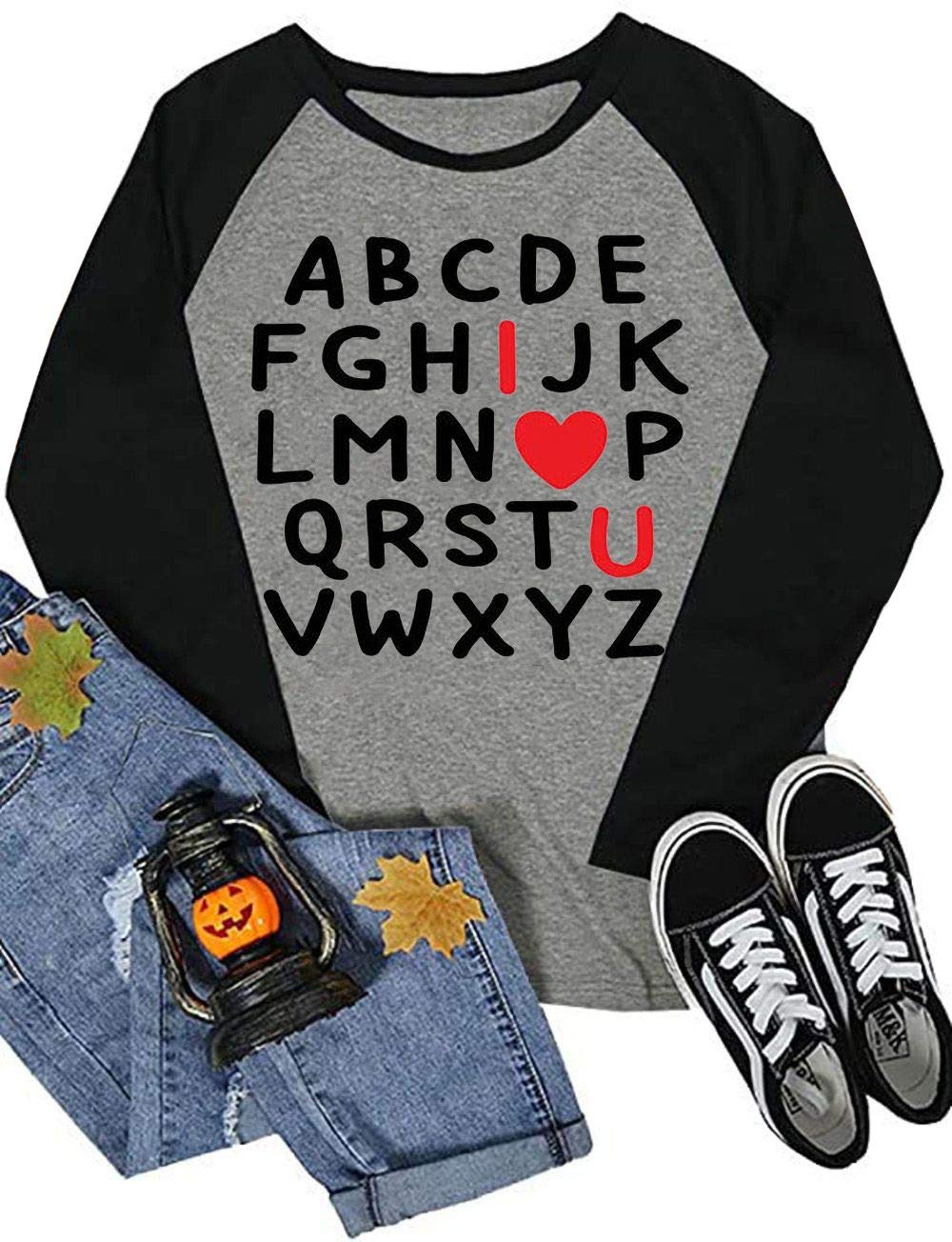 Womens Love Heart Raglans T-Shirts Casual Long Sleeve Valentine's Day Graphic Tees Tops