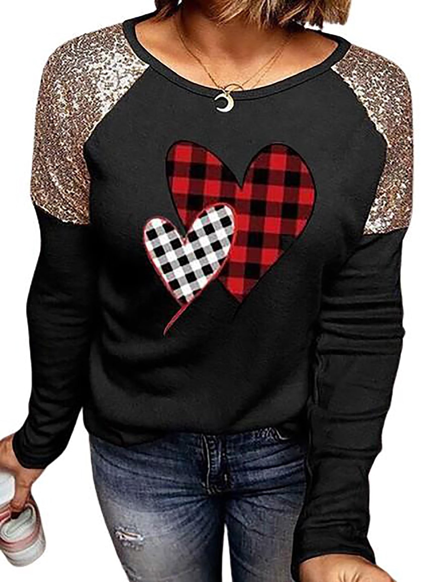 Valentines Day Shirts for Women Funny Plaid Love Heart Graphic Valentines T-Shirt Plaid Striped Splicing Long Sleeve Tops