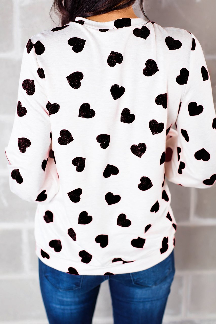 Womens Long Sleeve Heart Prints Blouse Crew Neck Valentines Tshirt Sweatshirt