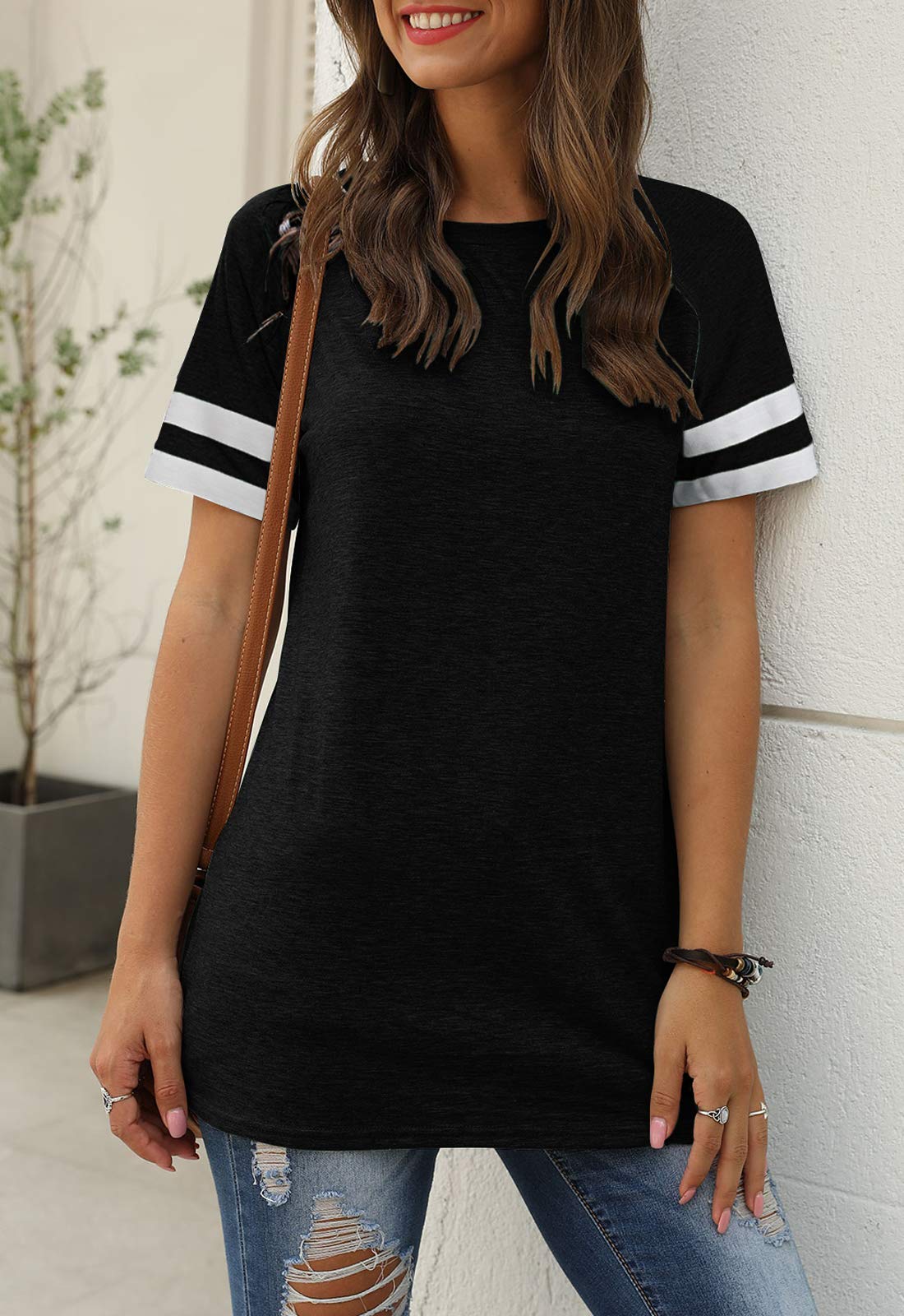 Women Summer Casual Shirts: Short Sleeve Striped Tunic Tops - Womens Crew Neck Tee Tshirt Blouses
