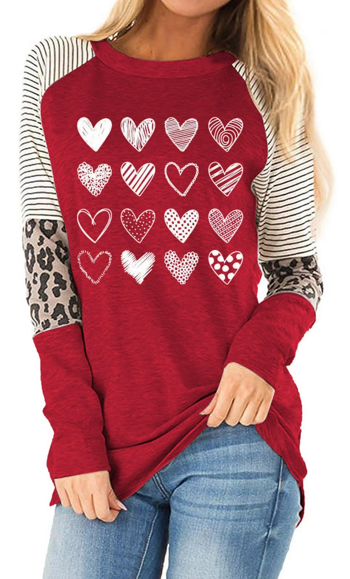 Womens Love Heart Raglans T-Shirts Casual Long Sleeve Valentine's Day Graphic Tees Tops