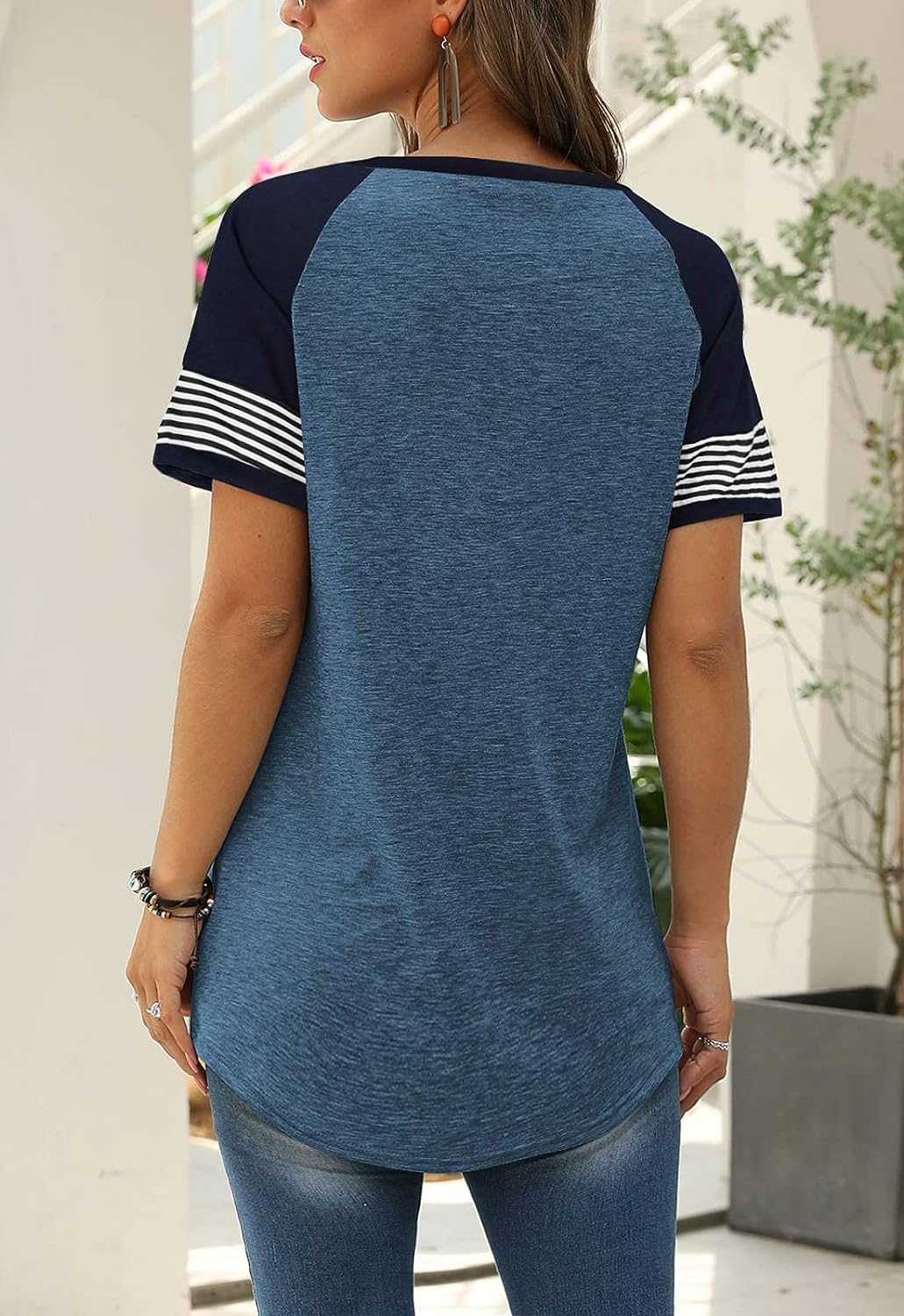 Women Summer Casual Shirts: Short Sleeve Striped Tunic Tops - Womens Crew Neck Tee Tshirt Blouses