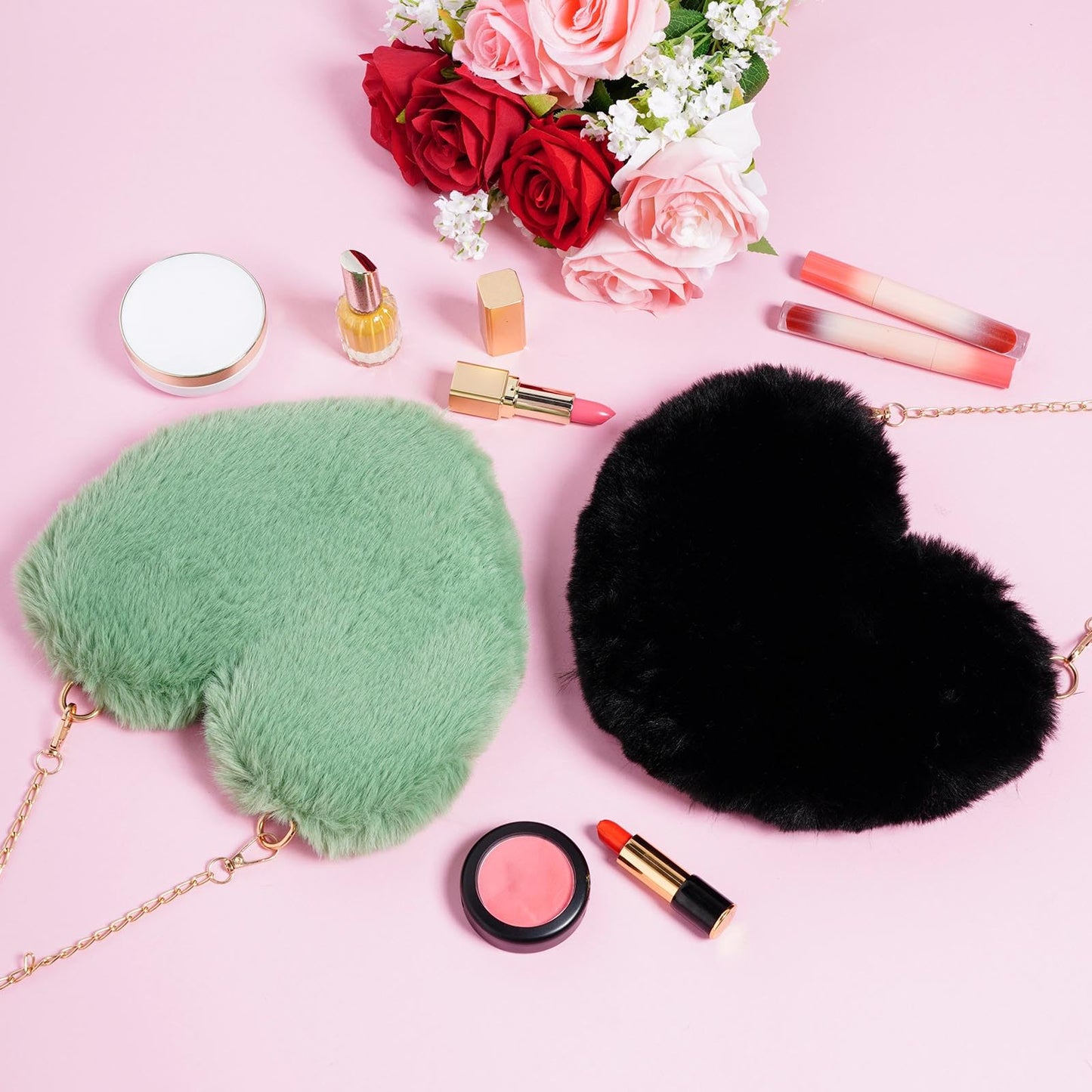 Heart Shaped Faux Fur Purse Fluffy Crossbody Bag Chain Shoulder Bag Cute Clutch Halloween Valentine Women Girls
