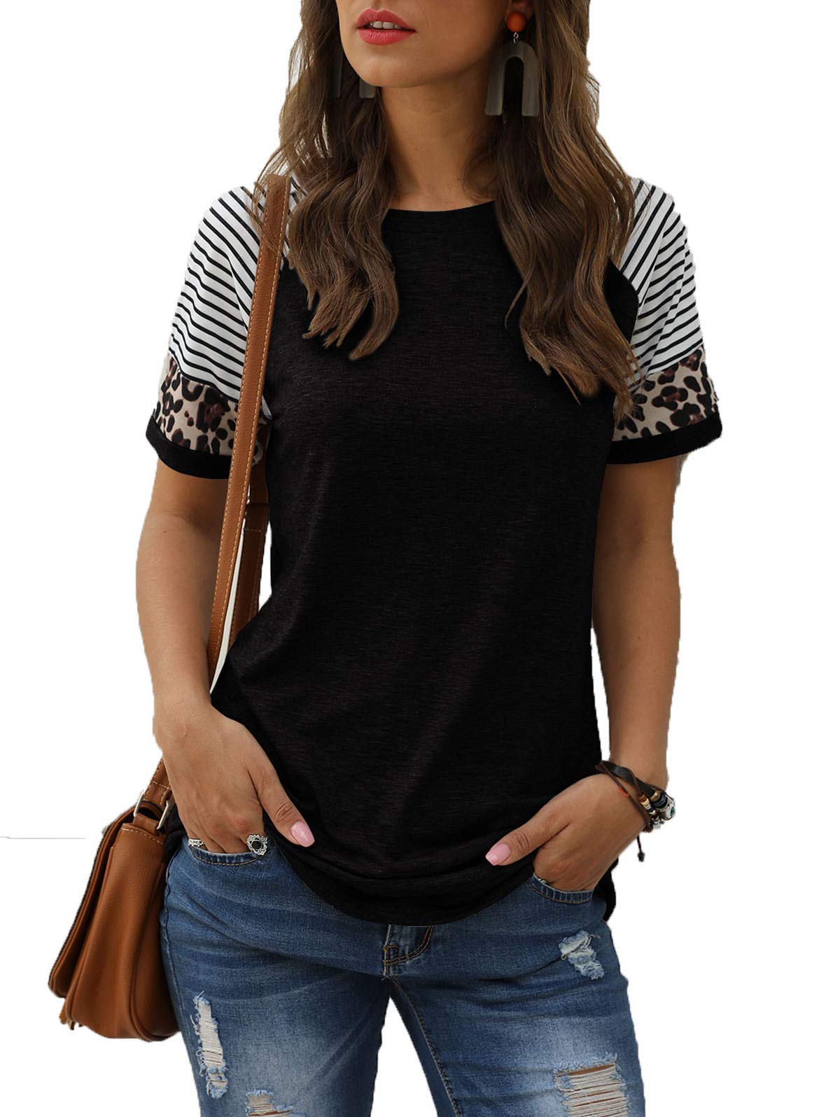 Women Summer Casual Shirts: Short Sleeve Striped Tunic Tops - Womens Crew Neck Tee Tshirt Blouses