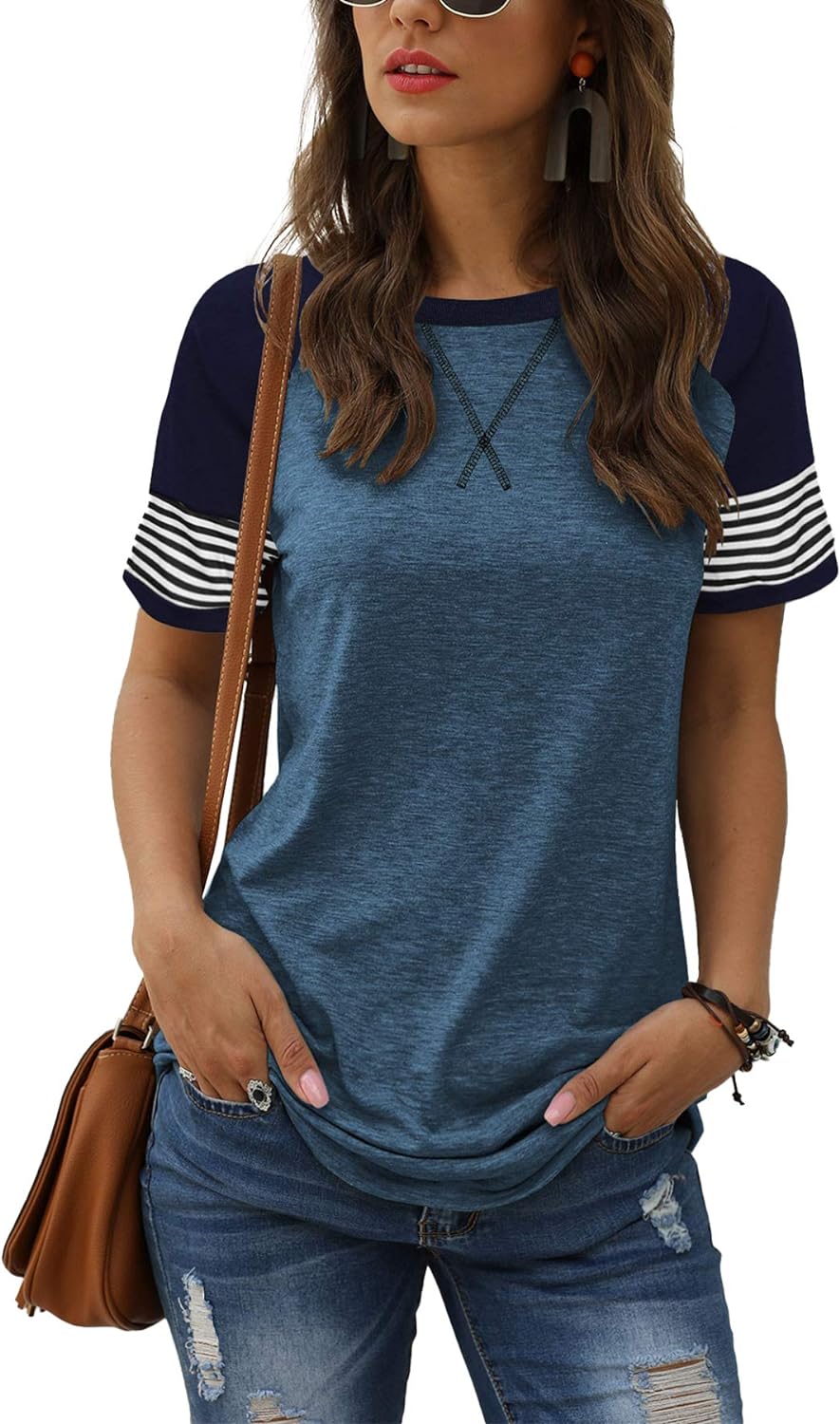 Women Summer Casual Shirts: Short Sleeve Striped Tunic Tops - Womens Crew Neck Tee Tshirt Blouses
