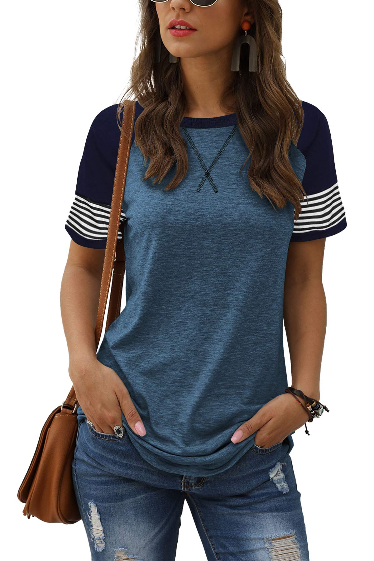 Women Summer Casual Shirts: Short Sleeve Striped Tunic Tops - Womens Crew Neck Tee Tshirt Blouses