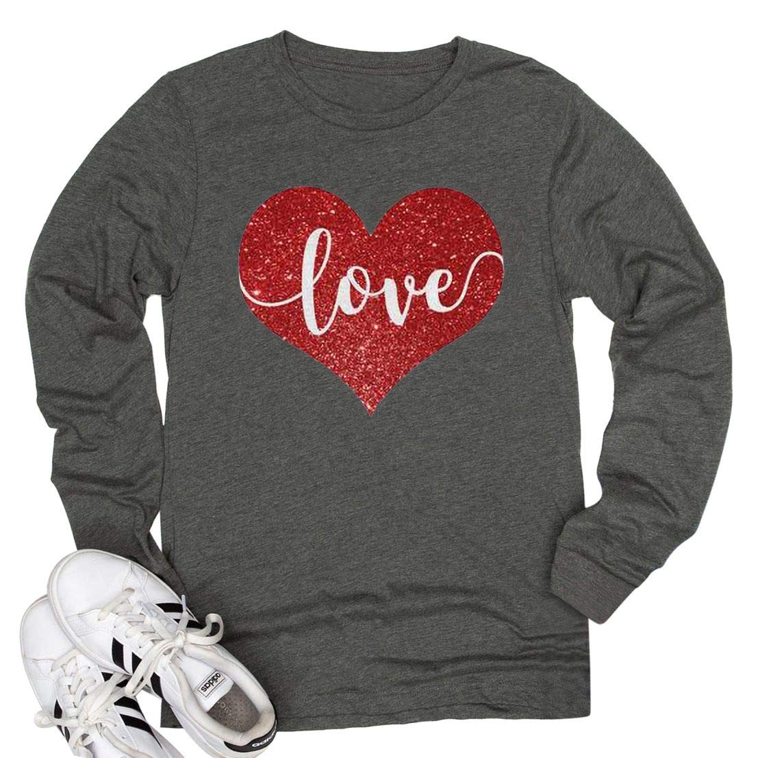 Womens Love Heart Raglans T-Shirts Casual Long Sleeve Valentine's Day Graphic Tees Tops