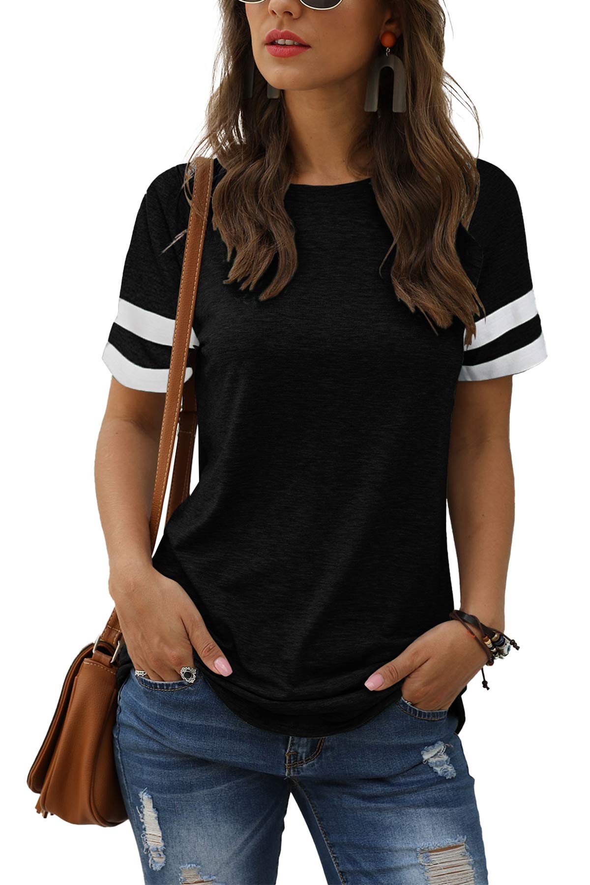 Women Summer Casual Shirts: Short Sleeve Striped Tunic Tops - Womens Crew Neck Tee Tshirt Blouses