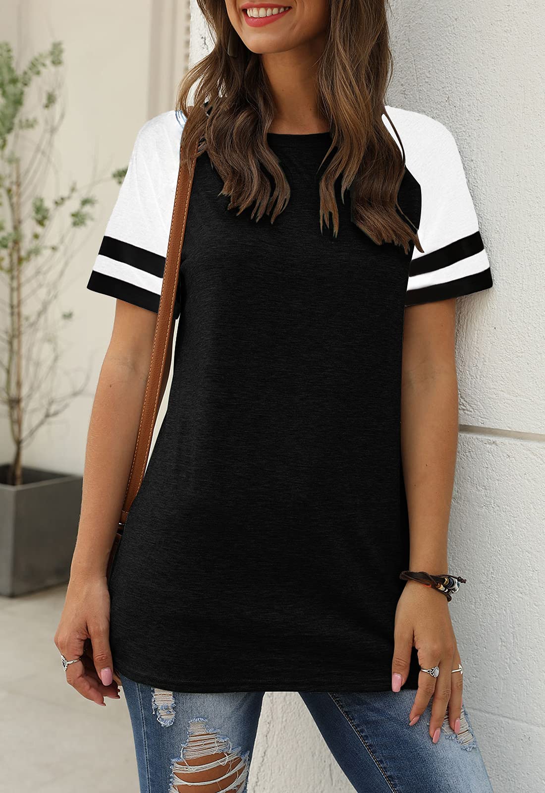Women Summer Casual Shirts: Short Sleeve Striped Tunic Tops - Womens Crew Neck Tee Tshirt Blouses