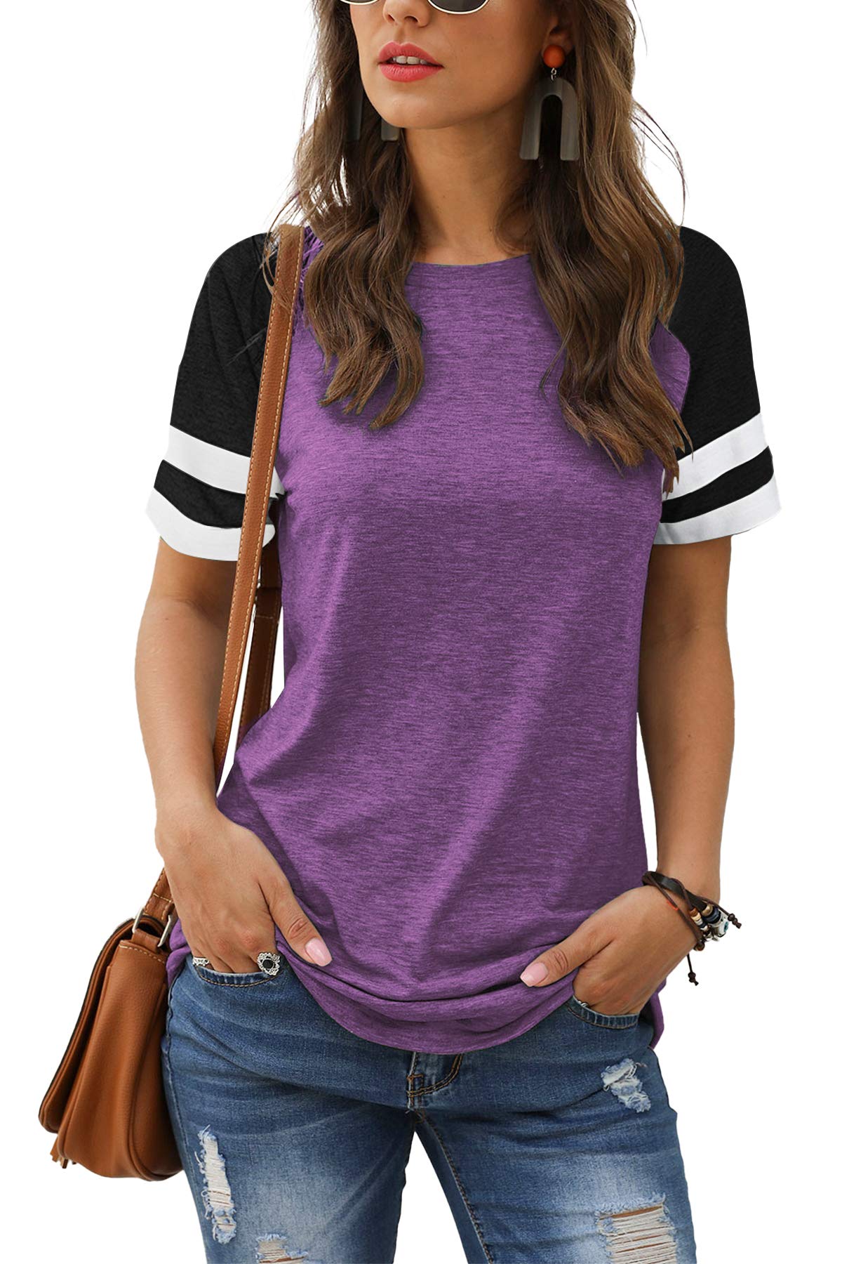 Women Summer Casual Shirts: Short Sleeve Striped Tunic Tops - Womens Crew Neck Tee Tshirt Blouses
