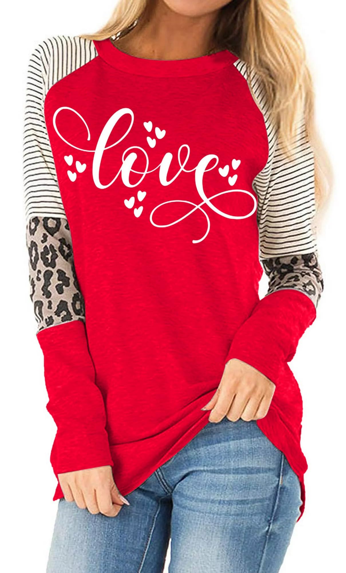 Womens Love Heart Raglans T-Shirts Casual Long Sleeve Valentine's Day Graphic Tees Tops