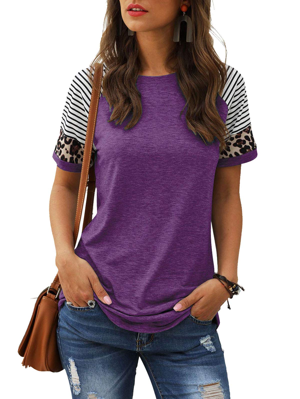 Women Summer Casual Shirts: Short Sleeve Striped Tunic Tops - Womens Crew Neck Tee Tshirt Blouses