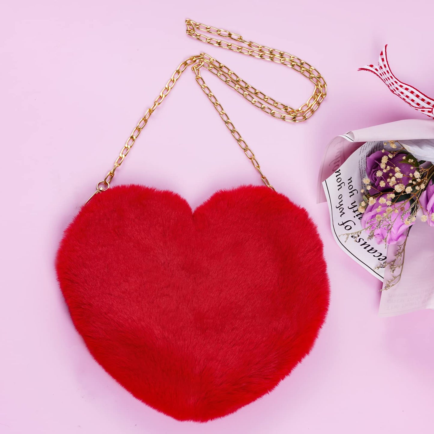 Heart Shaped Faux Fur Purse Fluffy Crossbody Bag Chain Shoulder Bag Cute Clutch Halloween Valentine Women Girls
