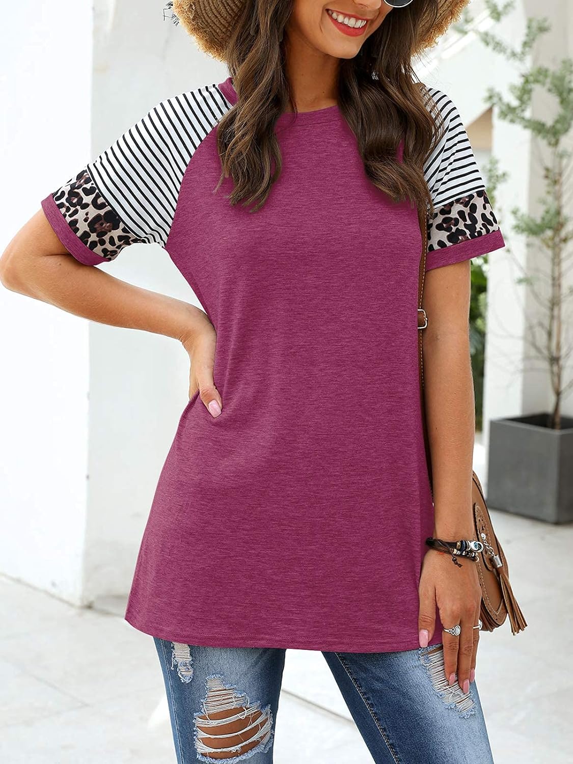 Women Summer Casual Shirts: Short Sleeve Striped Tunic Tops - Womens Crew Neck Tee Tshirt Blouses