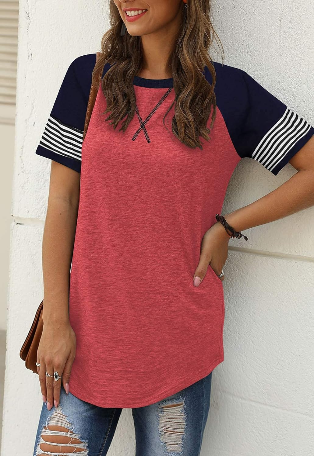 Women Summer Casual Shirts: Short Sleeve Striped Tunic Tops - Womens Crew Neck Tee Tshirt Blouses