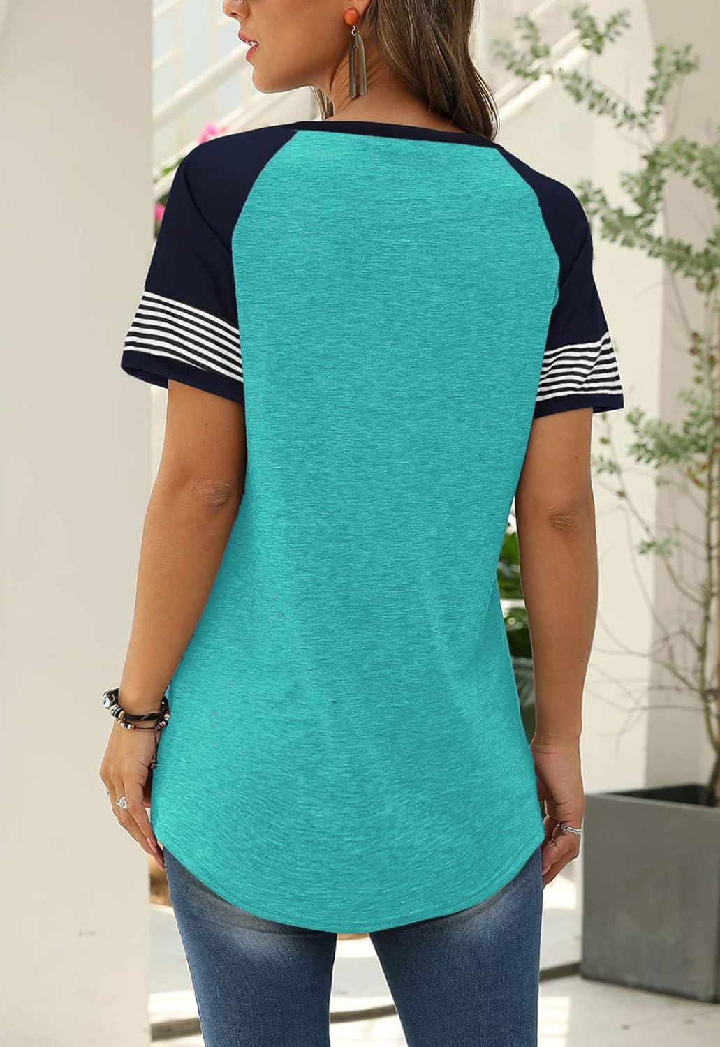 Women Summer Casual Shirts: Short Sleeve Striped Tunic Tops - Womens Crew Neck Tee Tshirt Blouses