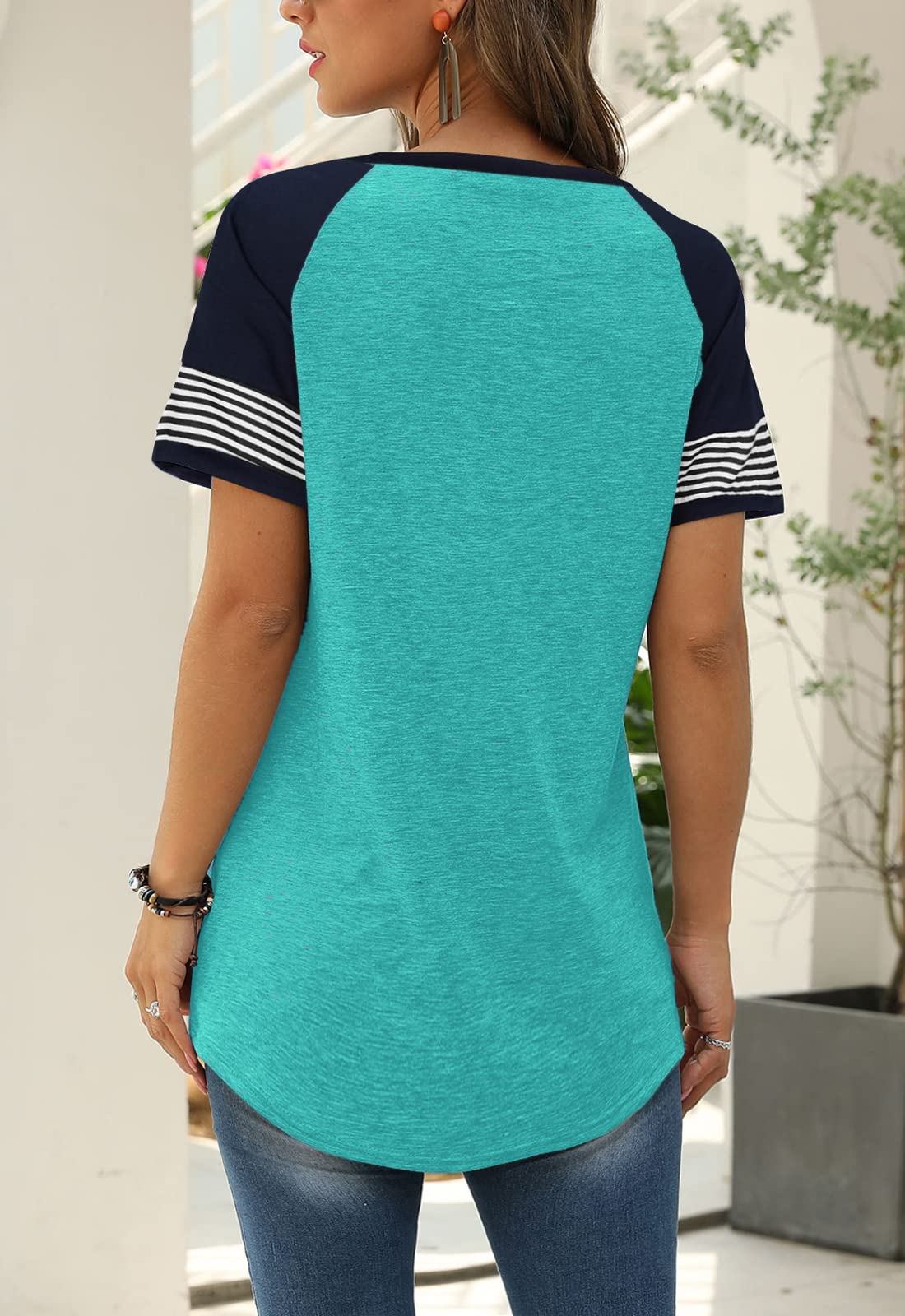 Women Summer Casual Shirts: Short Sleeve Striped Tunic Tops - Womens Crew Neck Tee Tshirt Blouses