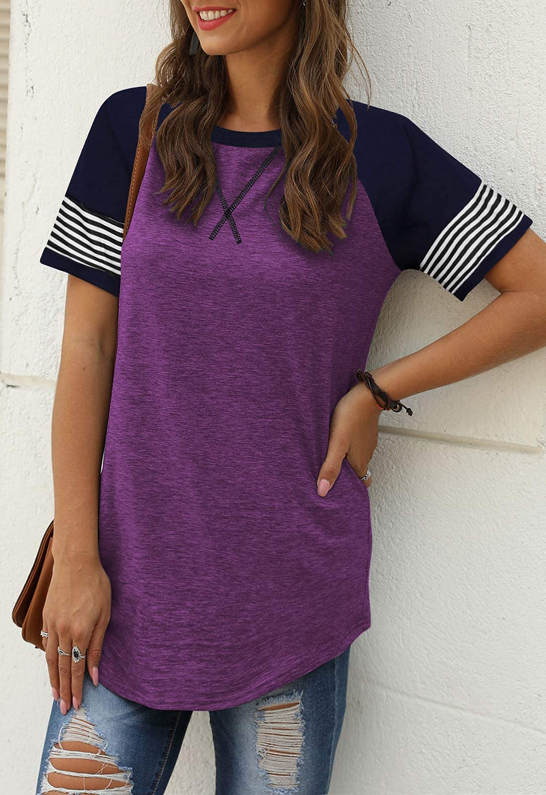 Women Summer Casual Shirts: Short Sleeve Striped Tunic Tops - Womens Crew Neck Tee Tshirt Blouses