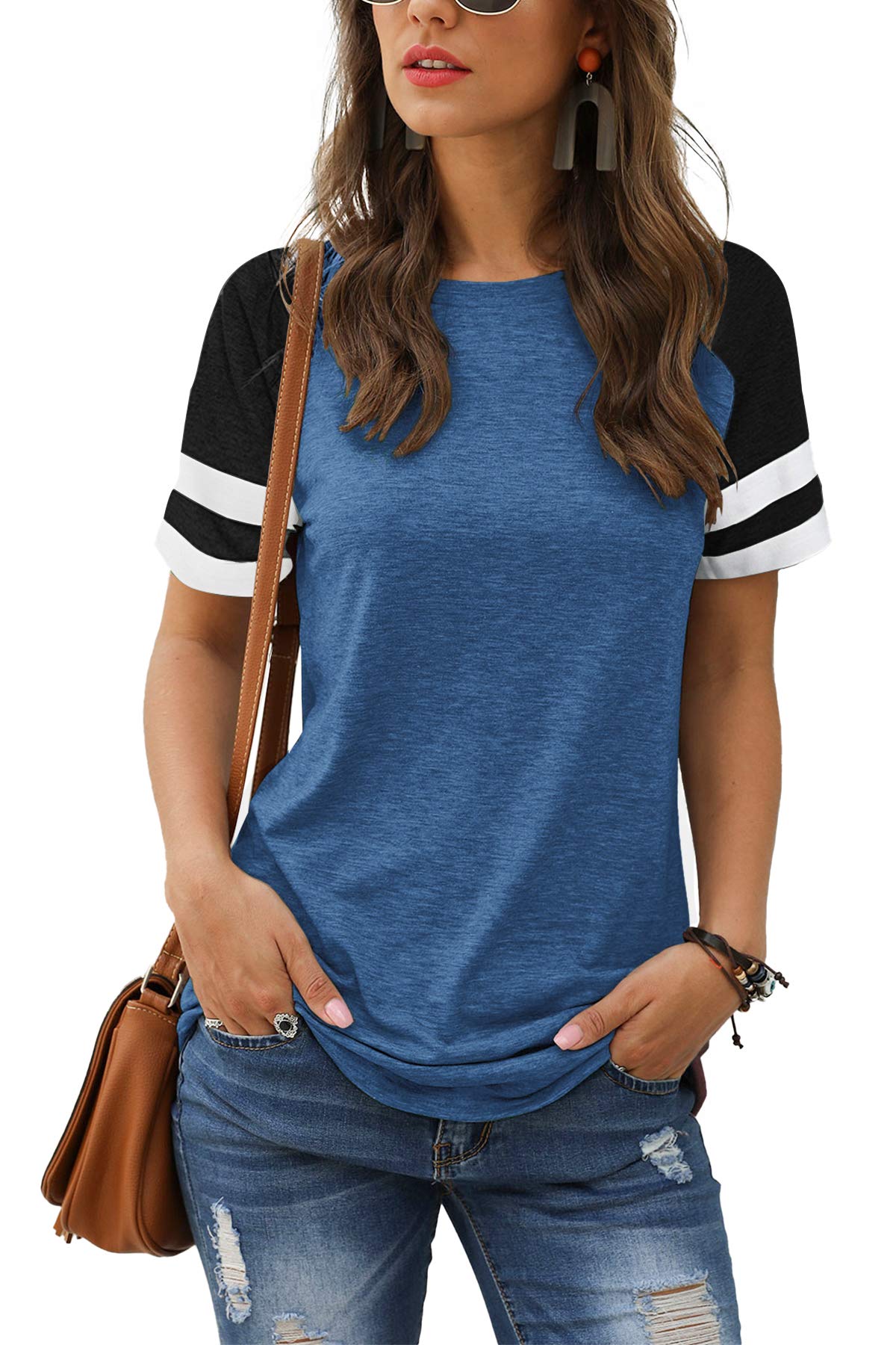 Women Summer Casual Shirts: Short Sleeve Striped Tunic Tops - Womens Crew Neck Tee Tshirt Blouses
