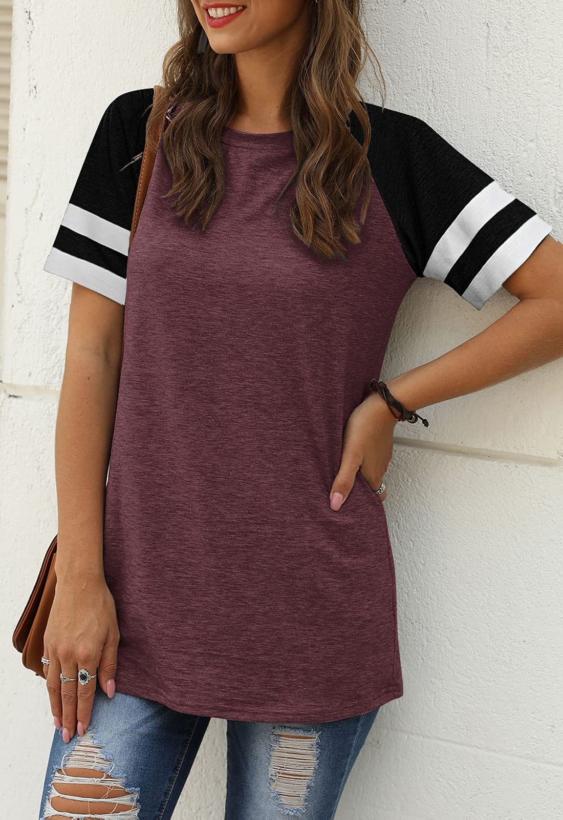 Women Summer Casual Shirts: Short Sleeve Striped Tunic Tops - Womens Crew Neck Tee Tshirt Blouses