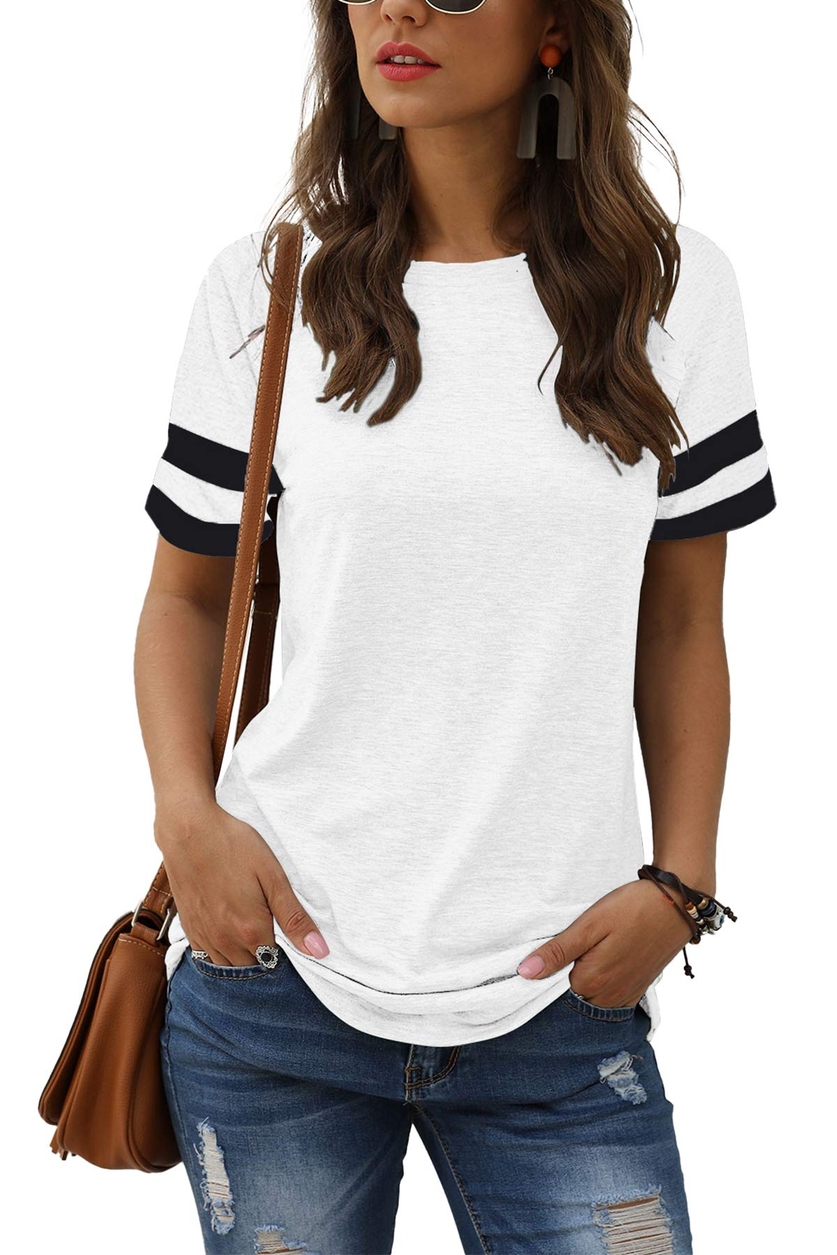 Women Summer Casual Shirts: Short Sleeve Striped Tunic Tops - Womens Crew Neck Tee Tshirt Blouses