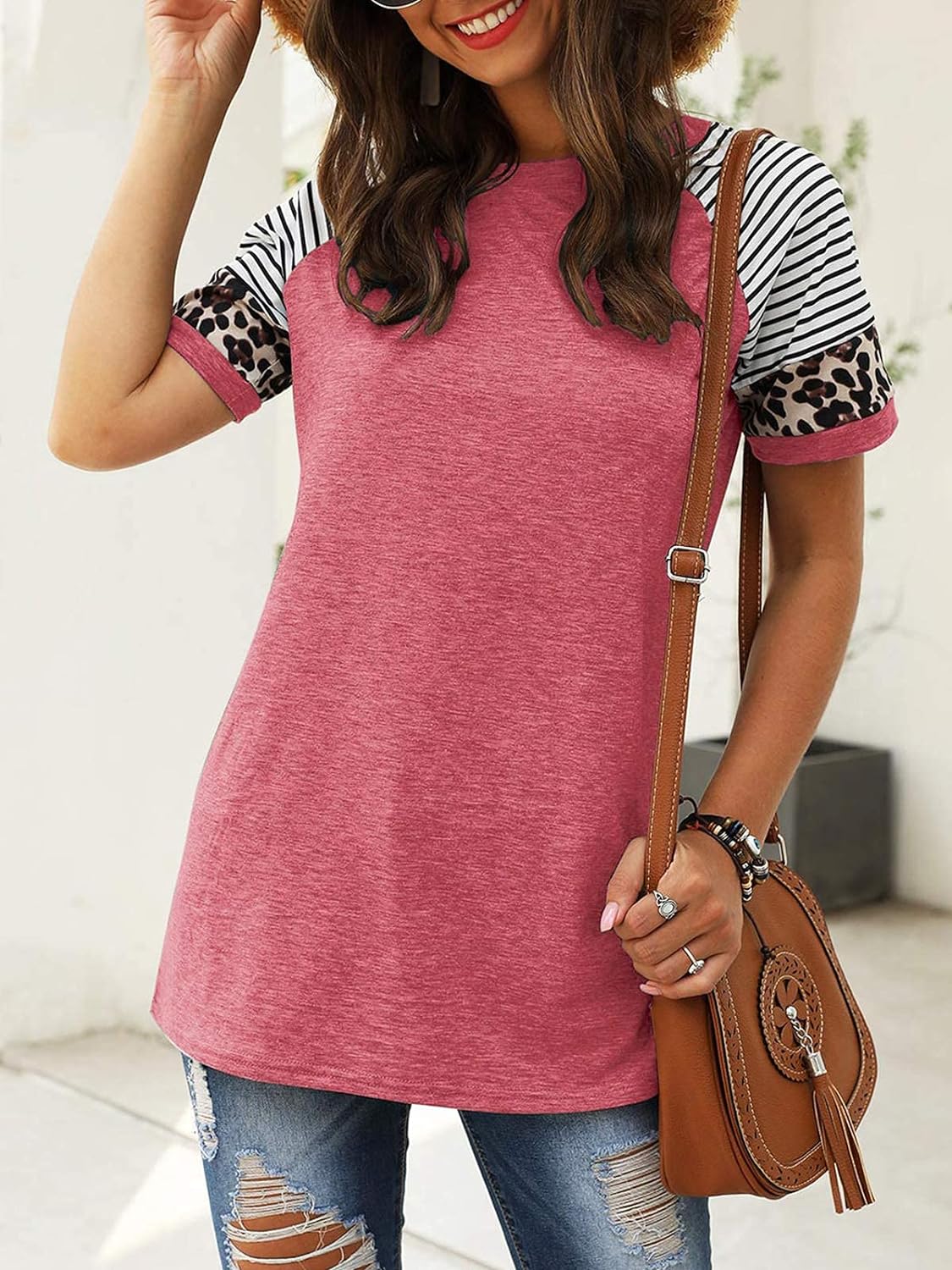 Women Summer Casual Shirts: Short Sleeve Striped Tunic Tops - Womens Crew Neck Tee Tshirt Blouses