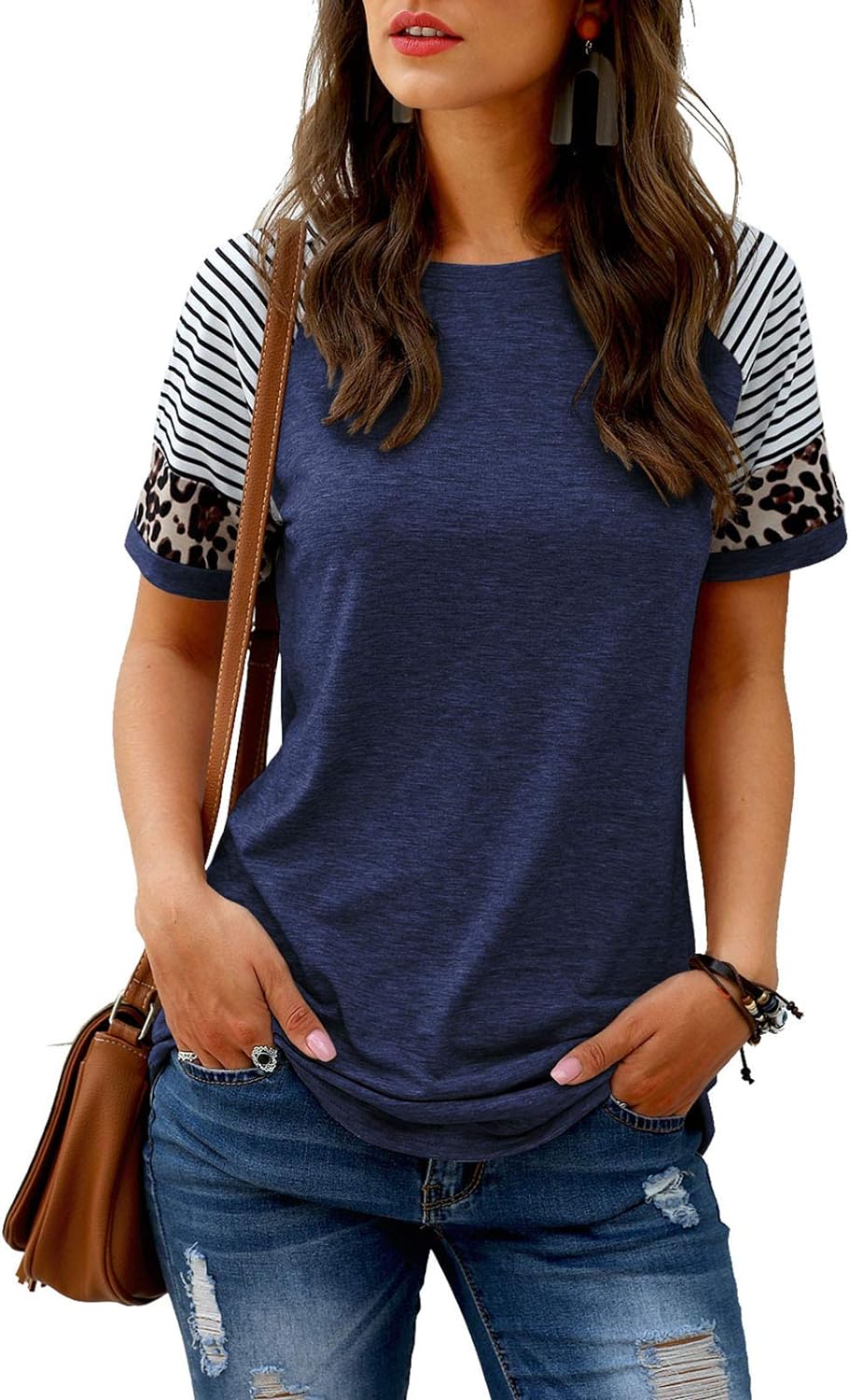Women Summer Casual Shirts: Short Sleeve Striped Tunic Tops - Womens Crew Neck Tee Tshirt Blouses