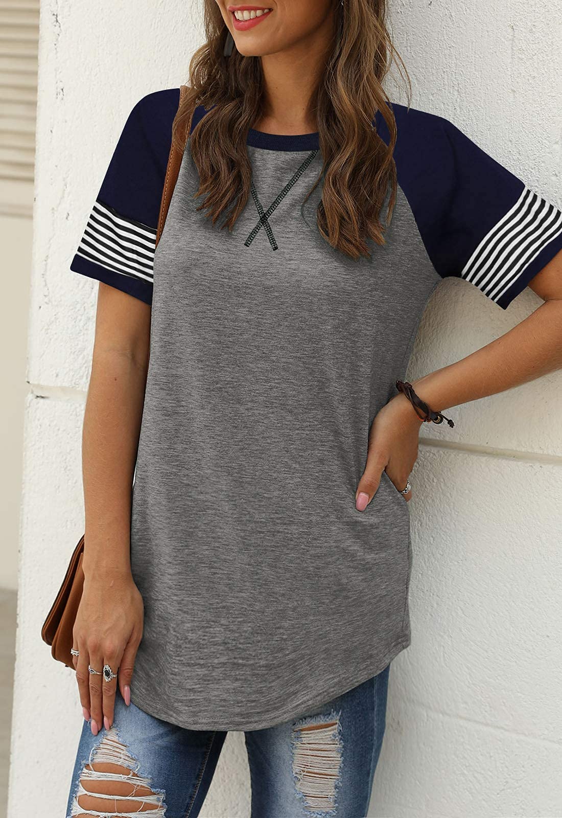 Women Summer Casual Shirts: Short Sleeve Striped Tunic Tops - Womens Crew Neck Tee Tshirt Blouses