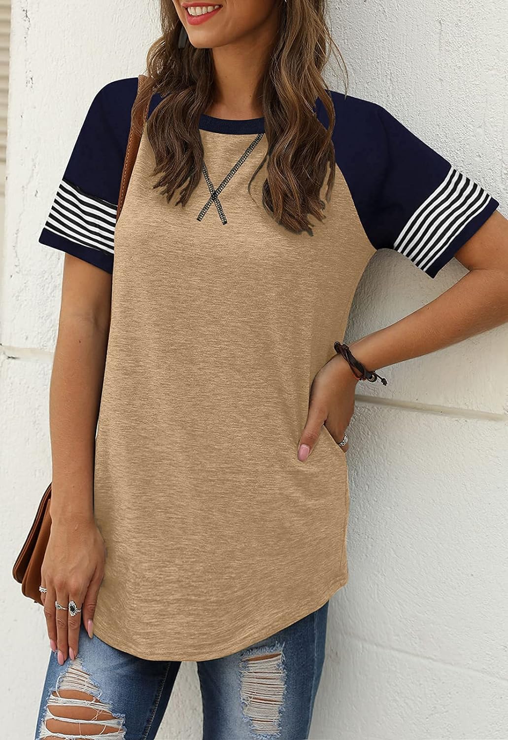 Women Summer Casual Shirts: Short Sleeve Striped Tunic Tops - Womens Crew Neck Tee Tshirt Blouses