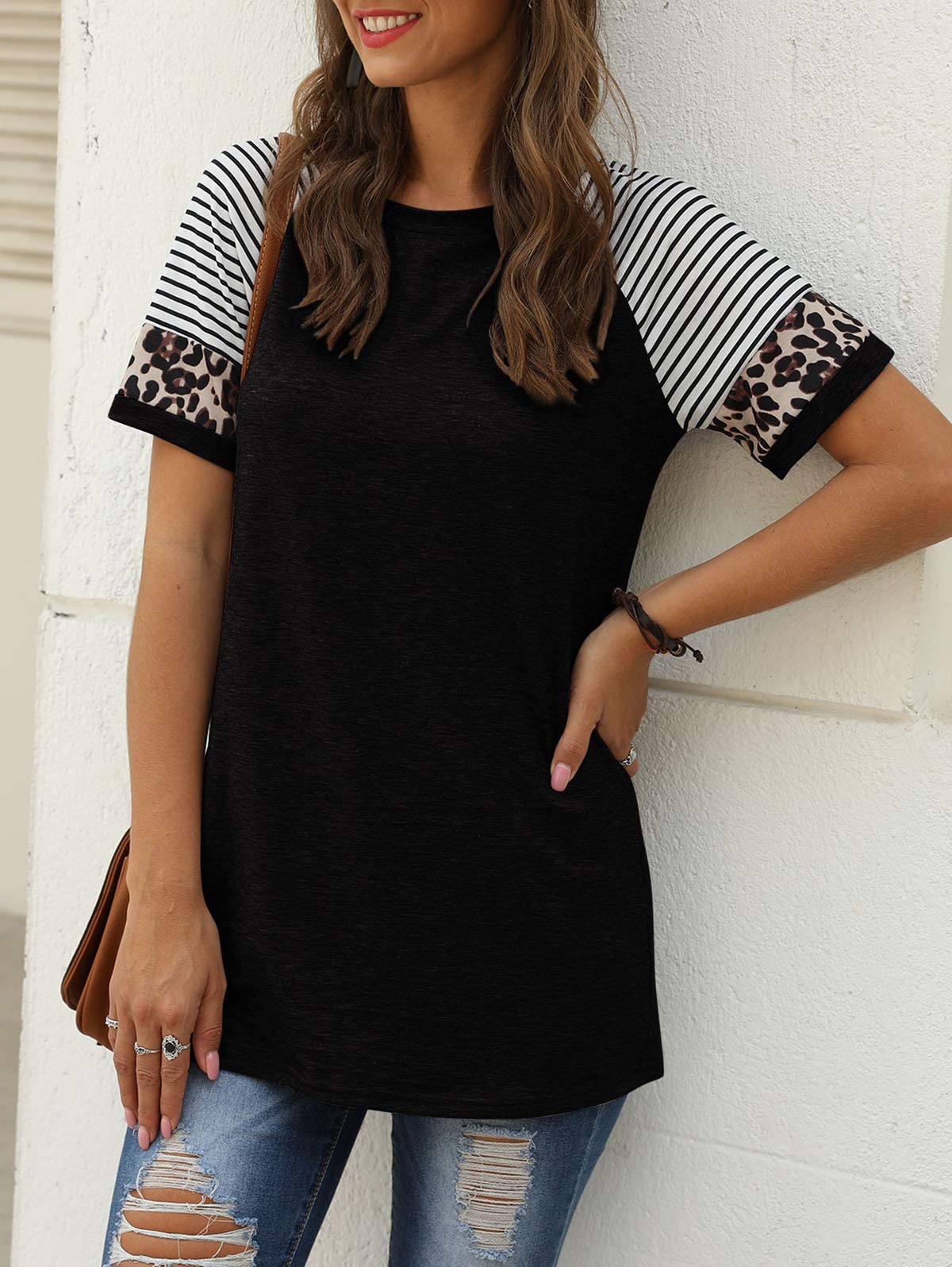 Women Summer Casual Shirts: Short Sleeve Striped Tunic Tops - Womens Crew Neck Tee Tshirt Blouses