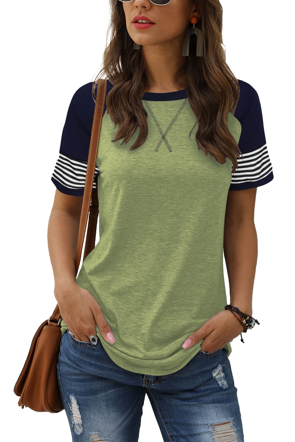 Women Summer Casual Shirts: Short Sleeve Striped Tunic Tops - Womens Crew Neck Tee Tshirt Blouses