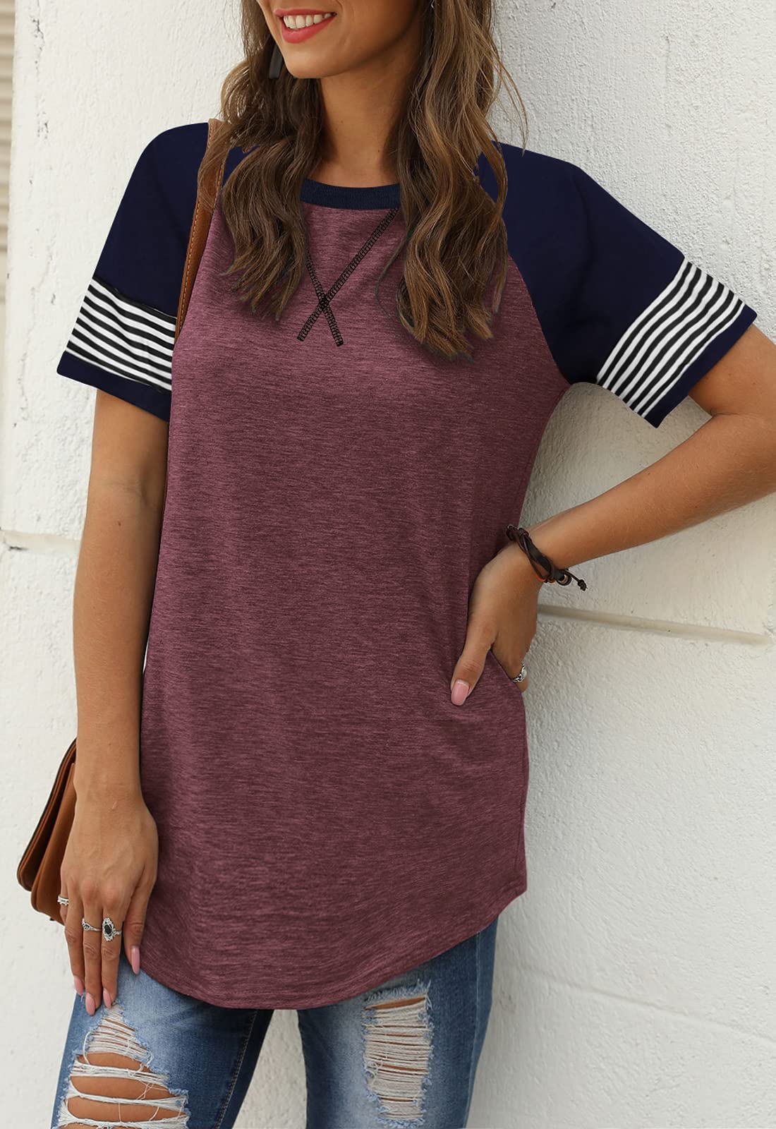 Women Summer Casual Shirts: Short Sleeve Striped Tunic Tops - Womens Crew Neck Tee Tshirt Blouses