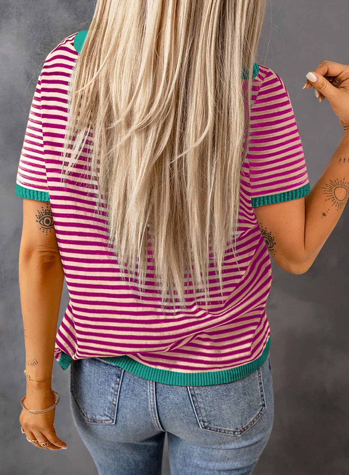 Womens Tops CasualCrewneck Short Sleeve Striped Color Block Knit Trendy Pullover Sweaters