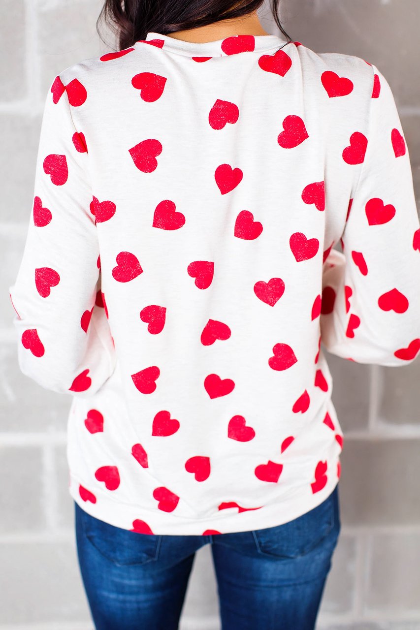 Womens Long Sleeve Heart Prints Blouse Crew Neck Valentines Tshirt Sweatshirt