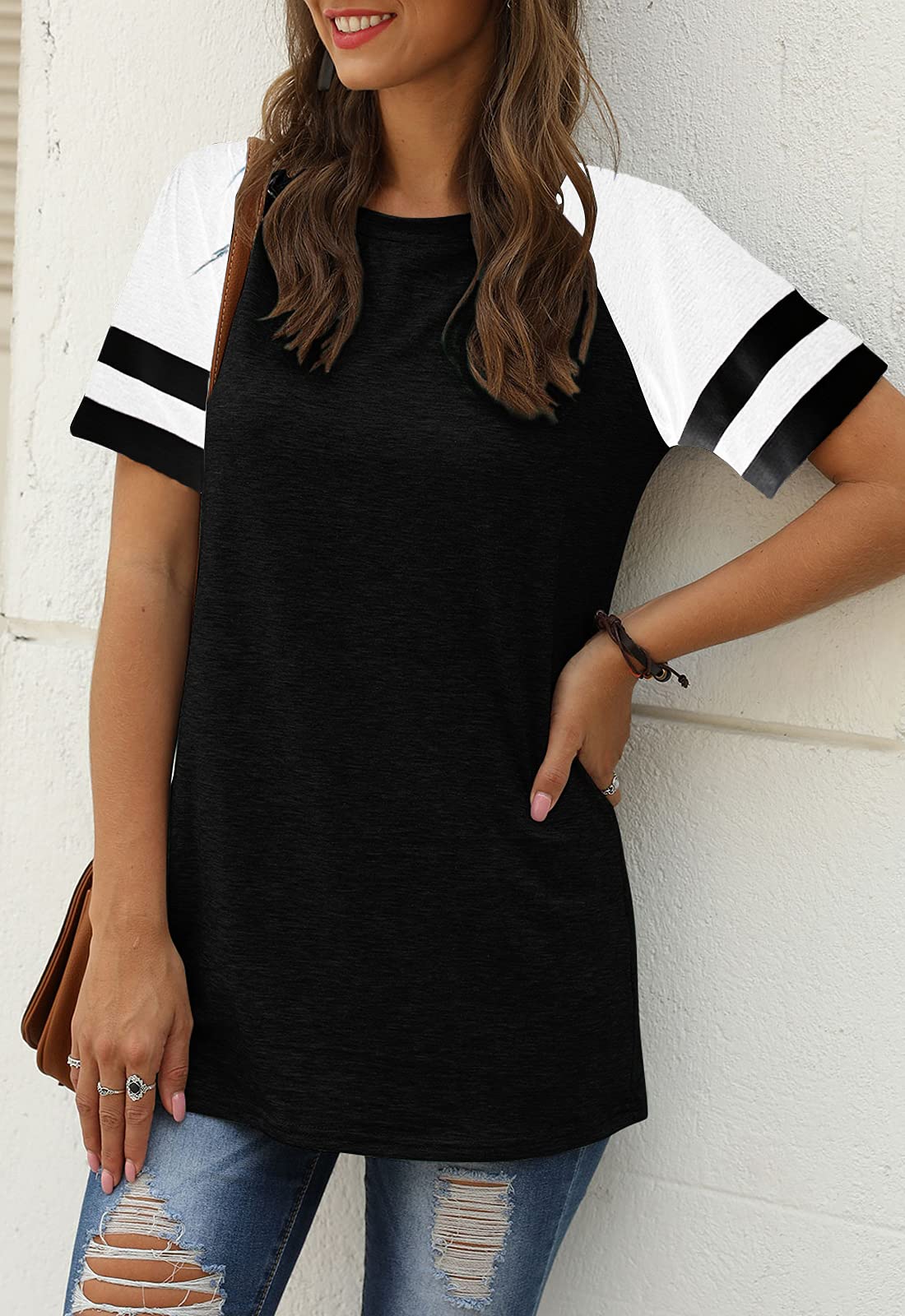 Women Summer Casual Shirts: Short Sleeve Striped Tunic Tops - Womens Crew Neck Tee Tshirt Blouses
