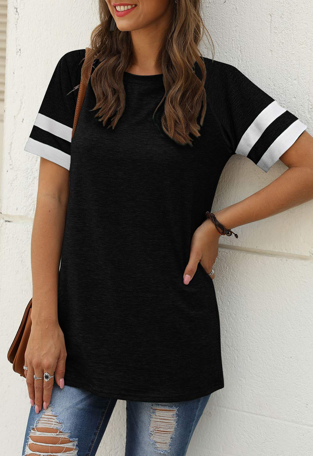 Women Summer Casual Shirts: Short Sleeve Striped Tunic Tops - Womens Crew Neck Tee Tshirt Blouses