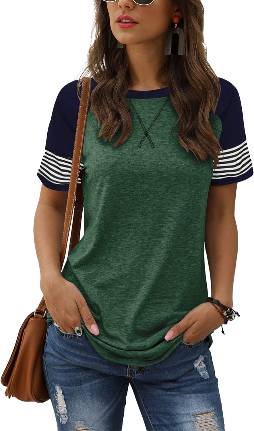 Women Summer Casual Shirts: Short Sleeve Striped Tunic Tops - Womens Crew Neck Tee Tshirt Blouses
