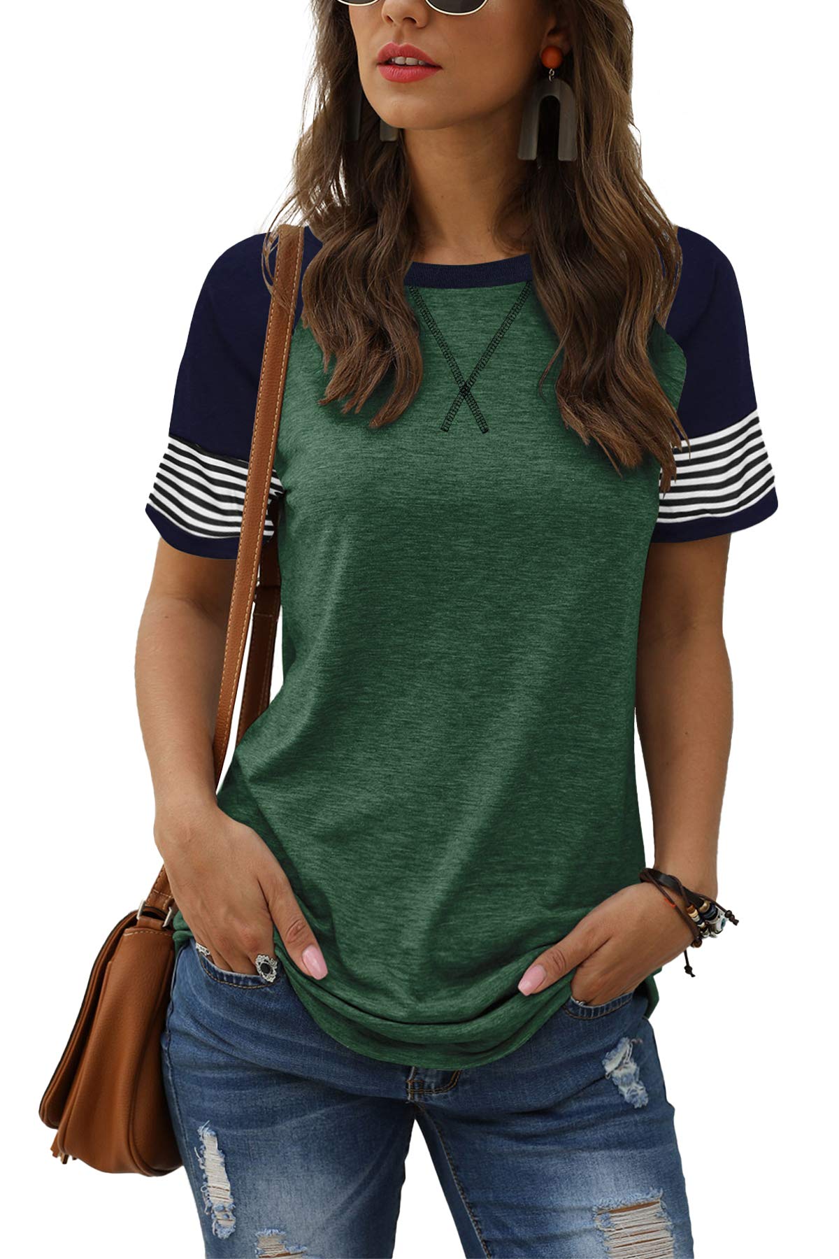 Women Summer Casual Shirts: Short Sleeve Striped Tunic Tops - Womens Crew Neck Tee Tshirt Blouses