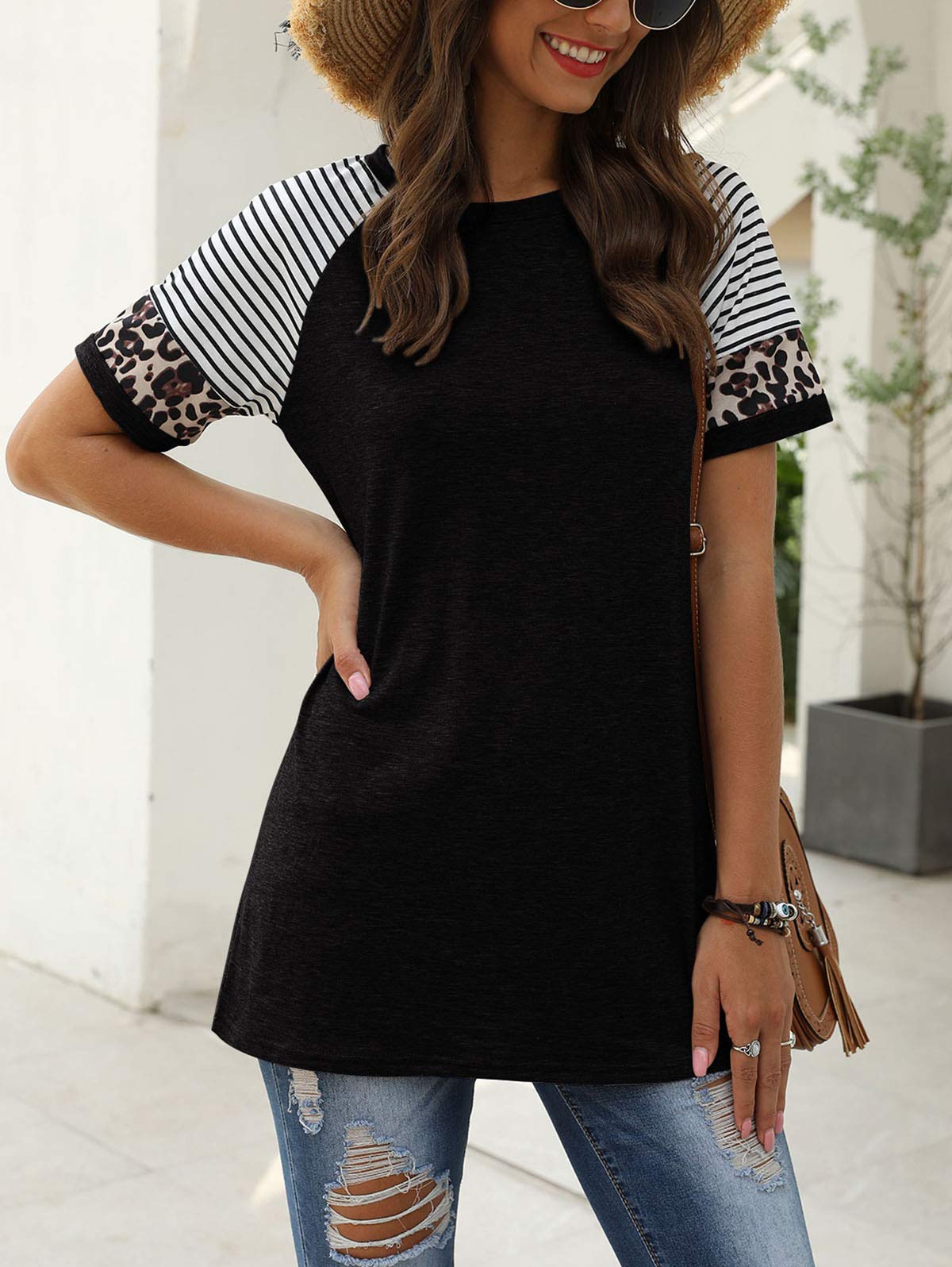Women Summer Casual Shirts: Short Sleeve Striped Tunic Tops - Womens Crew Neck Tee Tshirt Blouses