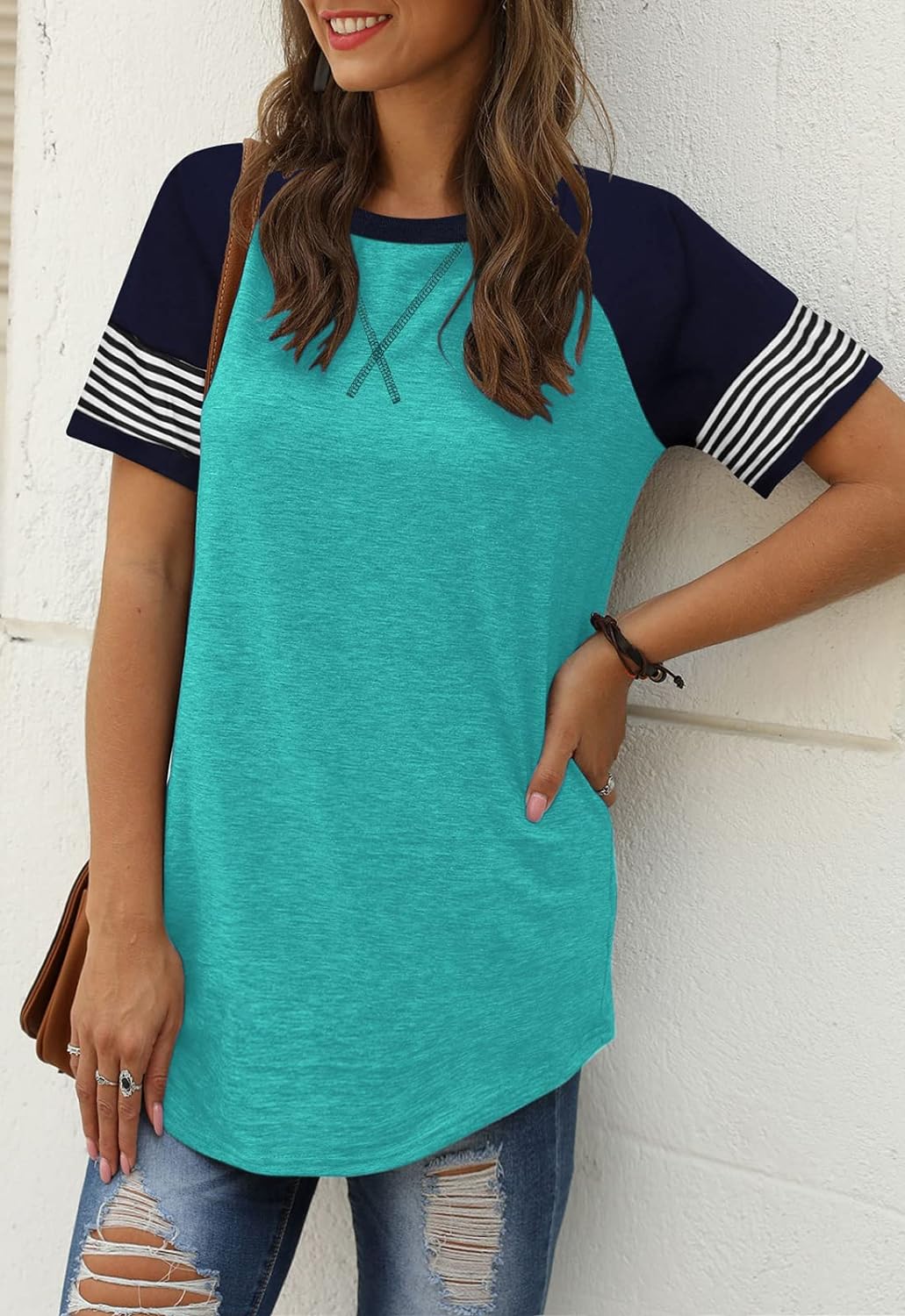 Women Summer Casual Shirts: Short Sleeve Striped Tunic Tops - Womens Crew Neck Tee Tshirt Blouses