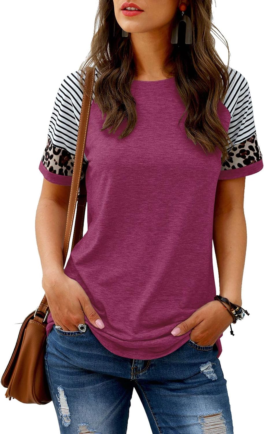 Women Summer Casual Shirts: Short Sleeve Striped Tunic Tops - Womens Crew Neck Tee Tshirt Blouses