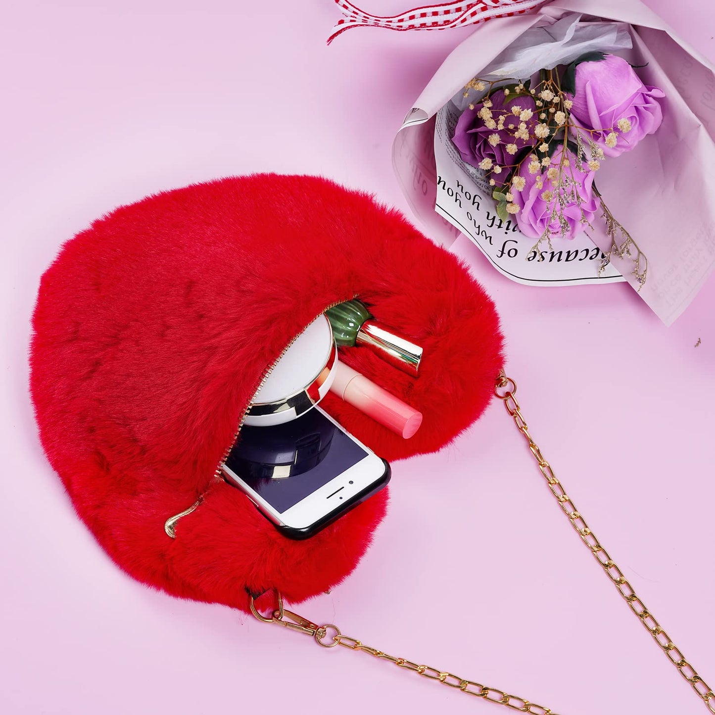 Heart Shaped Faux Fur Purse Fluffy Crossbody Bag Chain Shoulder Bag Cute Clutch Halloween Valentine Women Girls