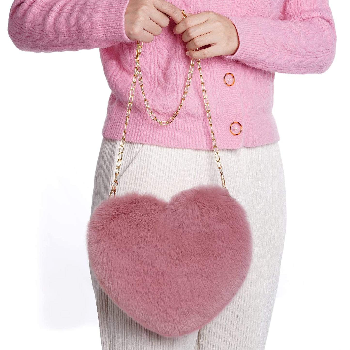 Heart Shaped Faux Fur Purse Fluffy Crossbody Bag Chain Shoulder Bag Cute Clutch Halloween Valentine Women Girls