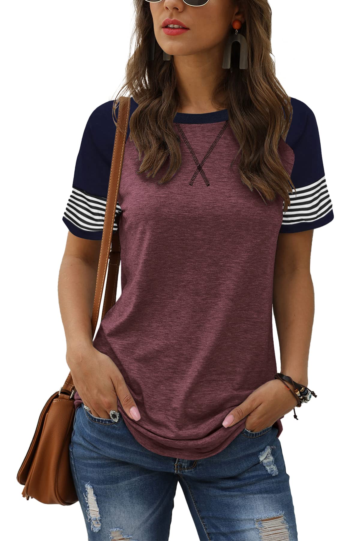 Women Summer Casual Shirts: Short Sleeve Striped Tunic Tops - Womens Crew Neck Tee Tshirt Blouses